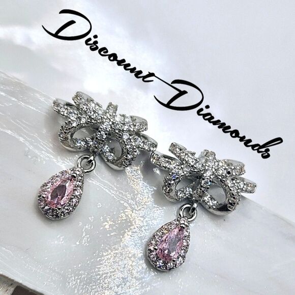 Pink & White Sapphire Stud Push Back Earrings on 925 Silver - Picture 1 of 7